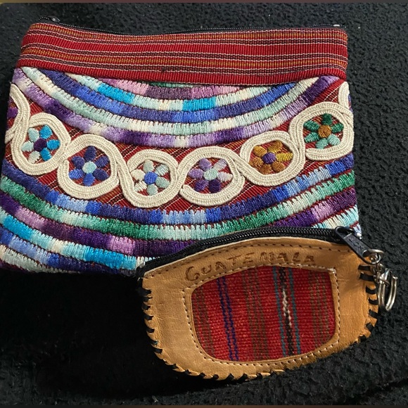 Hand Crafted Handbags - New Handmade Guatemalan Pouch/Cosmetic Bag & Leather Coin Purse Bundle